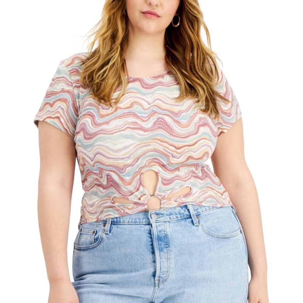 Just Polly Juniors' Plus Teal Lavender Trendy Flower Cutout T-Shirt Top